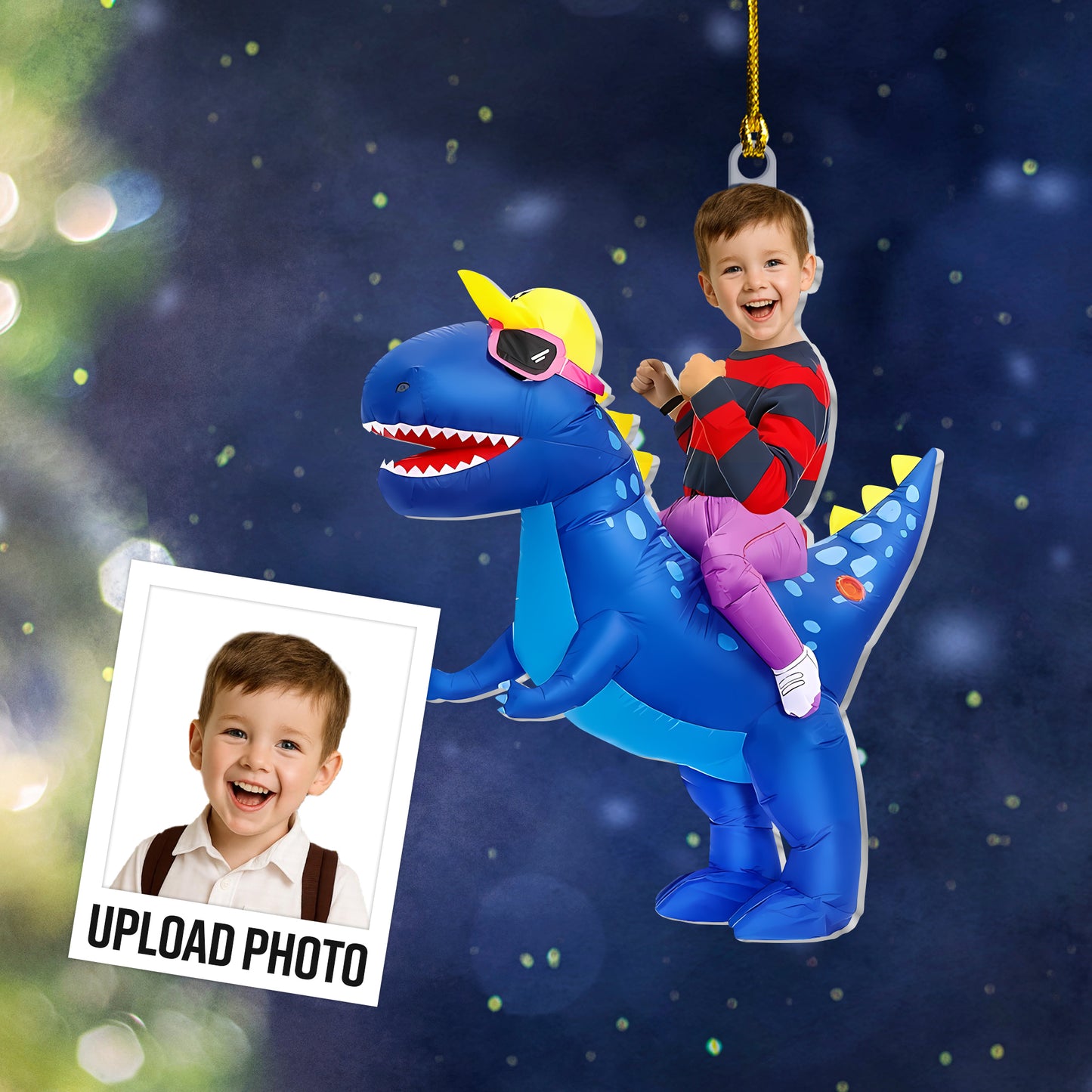 Custom Kid Face Blue Dinosaur Acrylic Ornament – Personalized Acrylic Photo Ornament Gift For Kids
