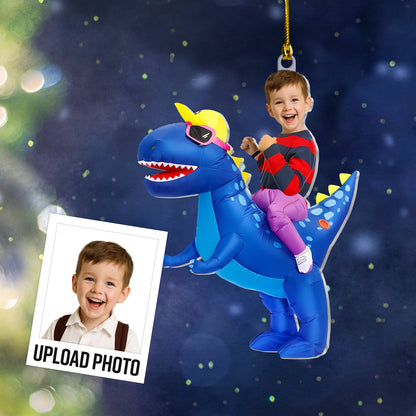 Custom Kid Face Blue Dinosaur Acrylic Ornament – Personalized Acrylic Photo Ornament Gift For Kids