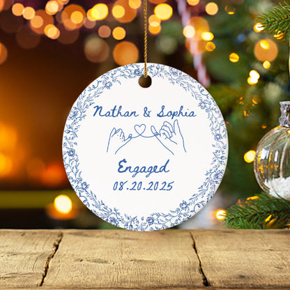 Custom Engagement Toile de Jouy Ceramic Ornament – Personalized Couple Keepsake Engagement Gift