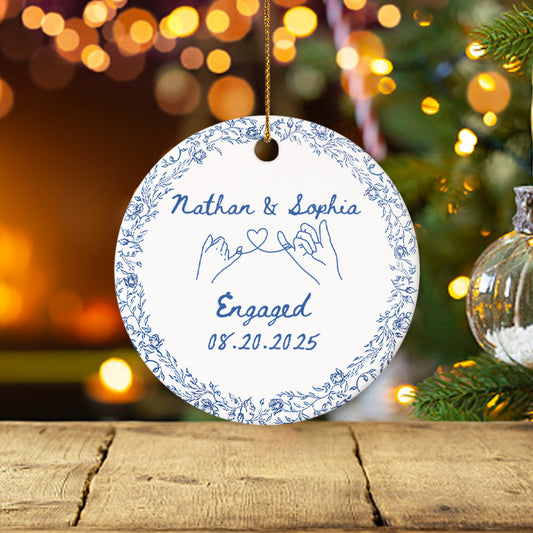 Custom Engagement Toile de Jouy Ceramic Ornament – Personalized Couple Keepsake Engagement Gift