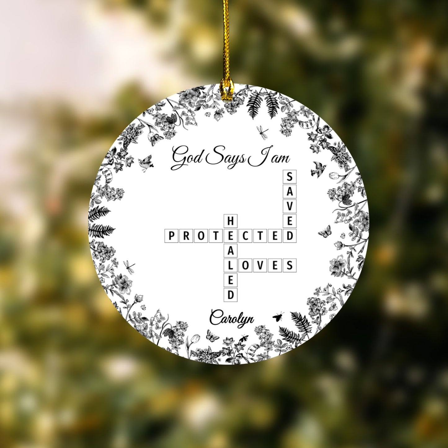 Custom “God Says I Am” Ceramic Ornament – Christian Crossword Design – Personalized Faith Gift for Women, Friends, and Family