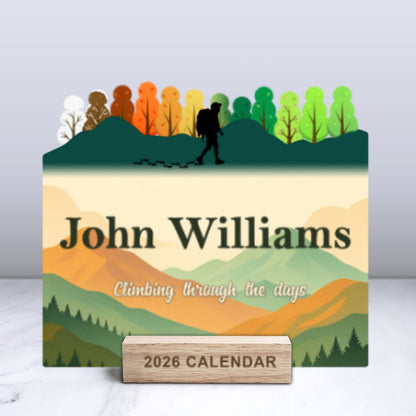 Custom Name Calendar 2026 with Wooden Stand – Personalized Adventure Desk Calendar - Climbing Through The Days