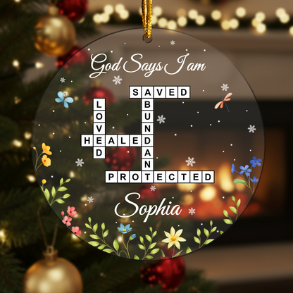 Custom “God Says I Am” Acrylic Ornament – Personalized Christian Gift with Name and Scripture Words