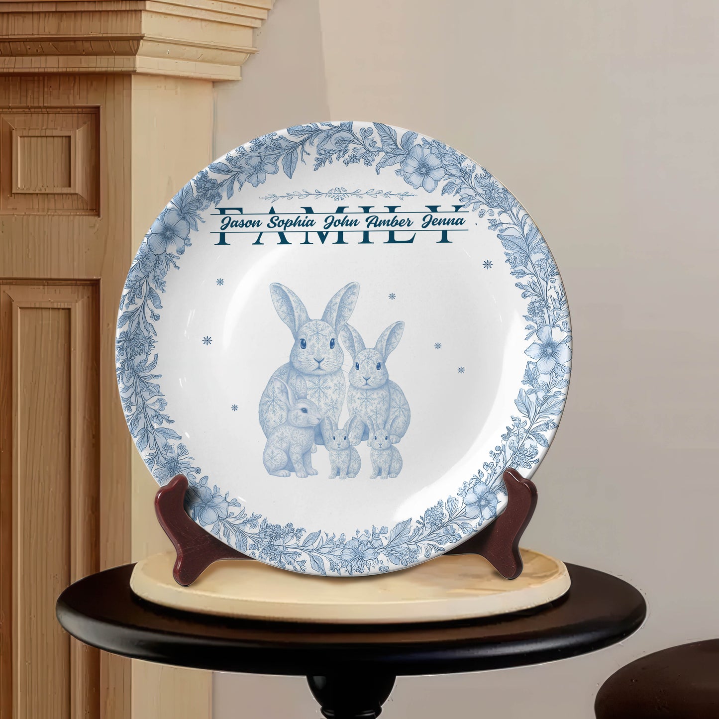 Custom Rabbit Family Ceramic Plate with Stand – Personalized Gift for Home & Family Decor