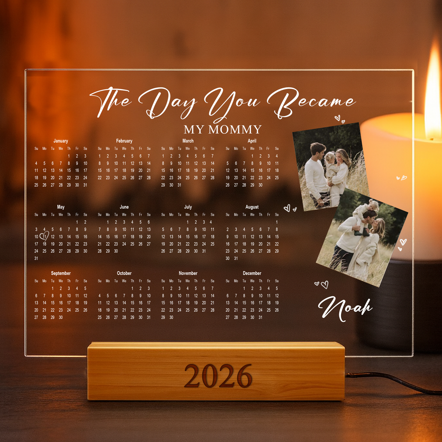 Custom LED Acrylic 2026 Calendar Lamp – Personalized Gift for Parents & Newborns, Photo Night Light for Family - The Day You Became My Parents