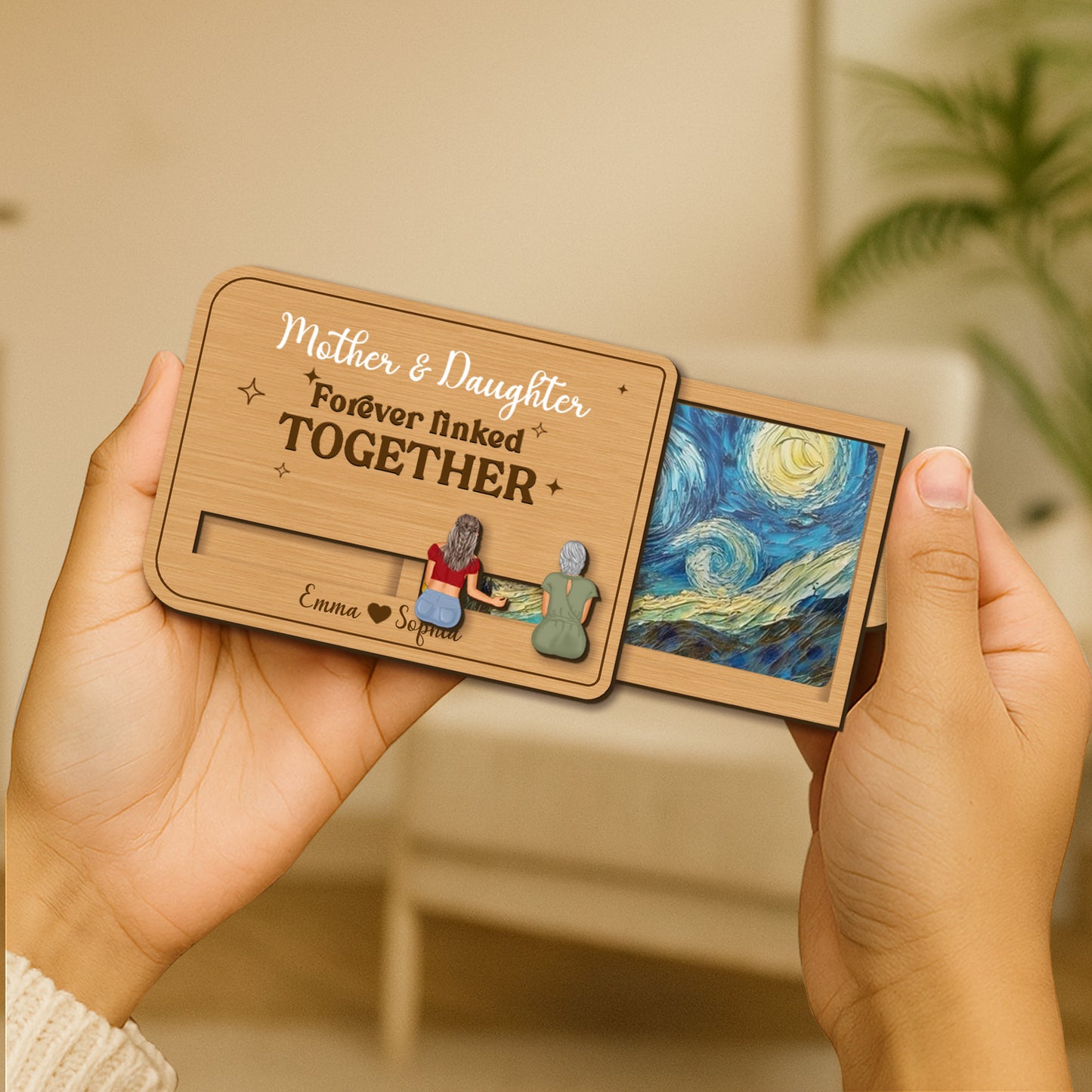 Custom Mother & Daughter Wooden Card – “Forever Linked Together” - Personalized Names & Art Background