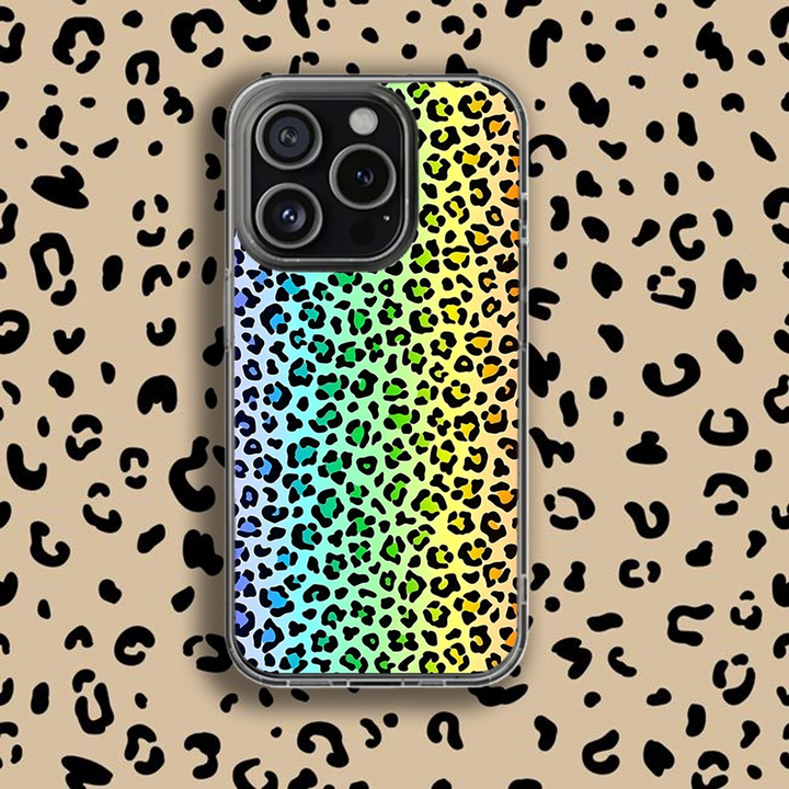 Leopard Print Phone Case Collection – Pastel Purple, Rainbow Gradient & Green with Pink Accents