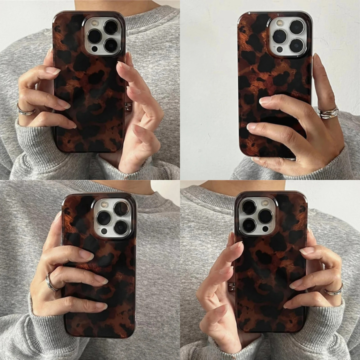 Tortoise Shell Glossy Phone Case – Retro Brown Marble Pattern, Protective Soft Cover for iPhone 13 14 15 16 Pro Max