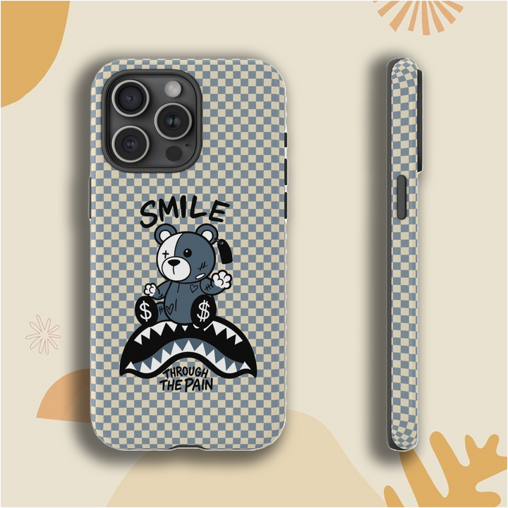 🧸 Smile Bear Phone Case – Blueberry Blue, Lilac Purple & Retro Khaki – Soft Matte Finish
