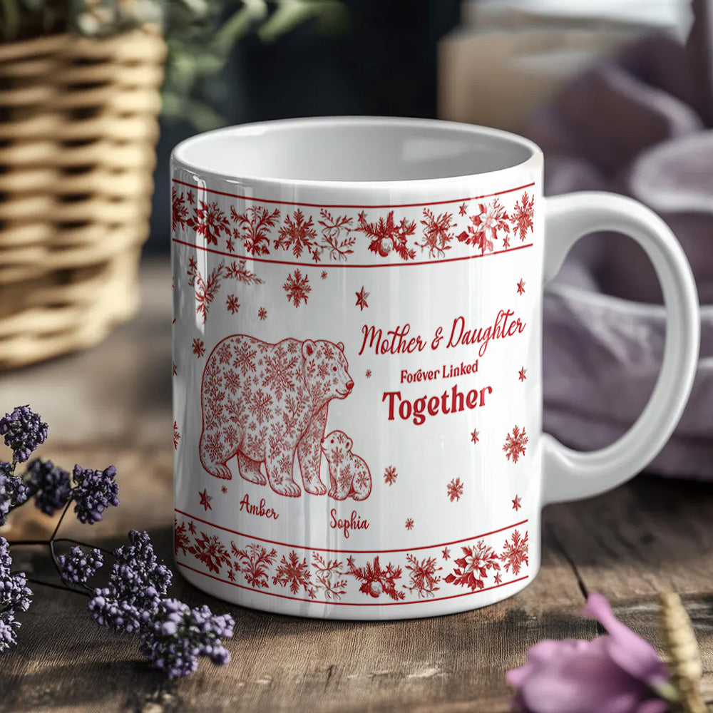 Custom Mother & Daughter / Mother & Son Mug – “Forever Linked Together”  Personalized Names , Toile de Jouy Snowflake Bear Design
