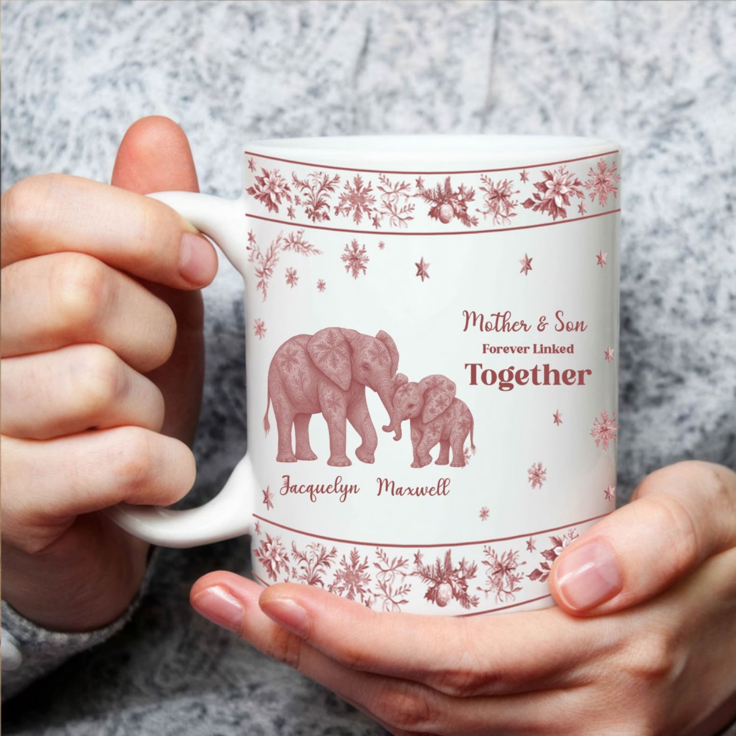 Mug 3DCustom Mother & Daughter / Mother & Son Elephant Mug – “Forever Linked Together” - Personalized Names ,Toile de Jouy Floral Elephant Design