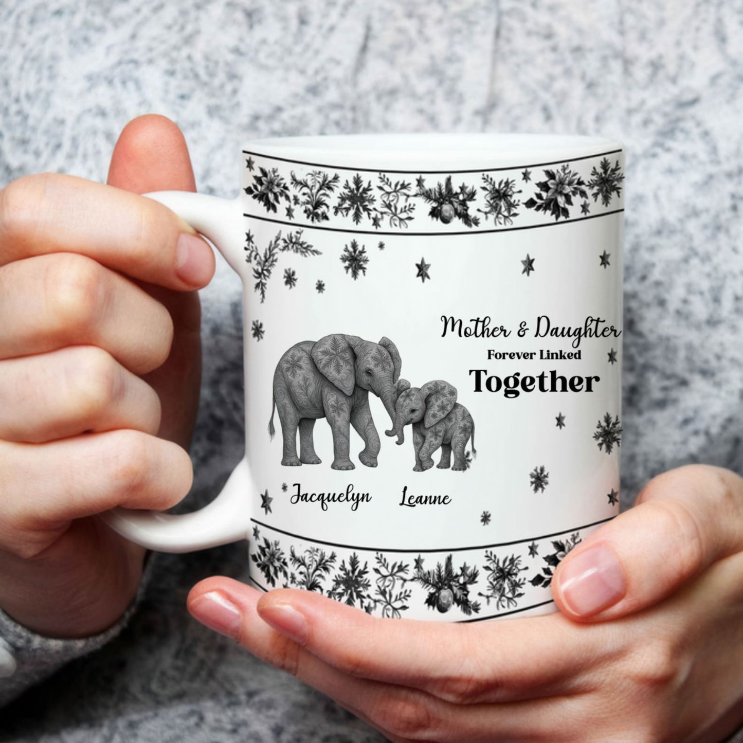 Mug 3DCustom Mother & Daughter / Mother & Son Elephant Mug – “Forever Linked Together” - Personalized Names ,Toile de Jouy Floral Elephant Design