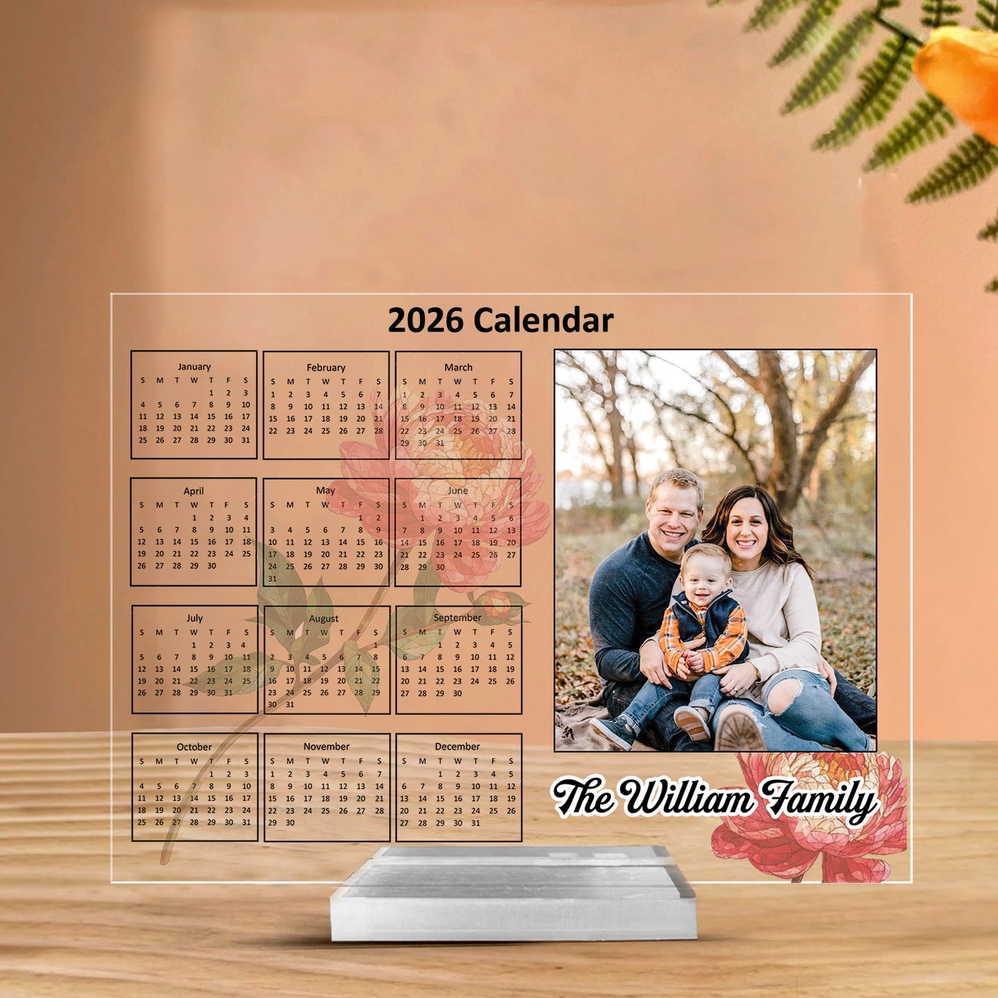 Custom Acrylic Photo Calendar Plaque 2026 – Personalized Family Name Desk Display with Monthly Flower Design