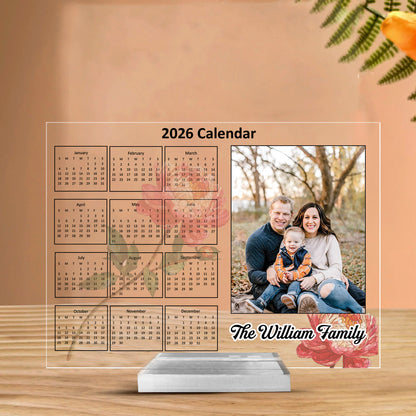 Custom Acrylic Photo Calendar Plaque 2026 – Personalized Family Name Desk Display with Monthly Flower Design