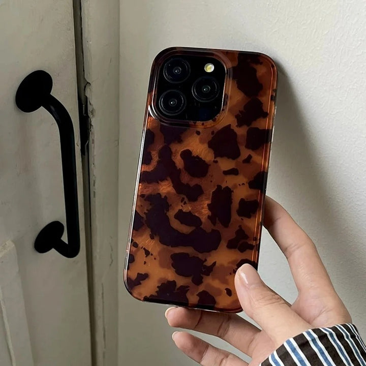 Tortoise Shell Glossy Phone Case – Retro Brown Marble Pattern, Protective Soft Cover for iPhone 13 14 15 16 Pro Max