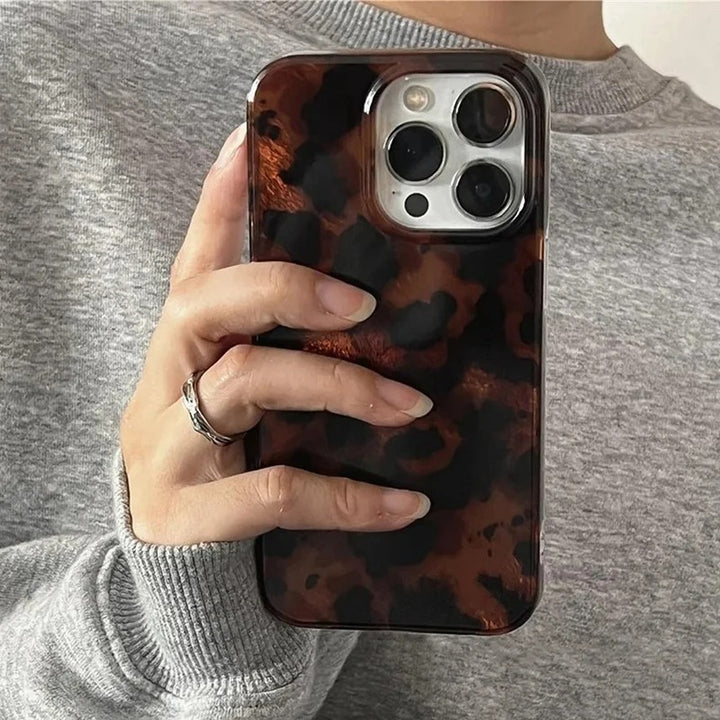 Tortoise Shell Glossy Phone Case – Retro Brown Marble Pattern, Protective Soft Cover for iPhone 13 14 15 16 Pro Max