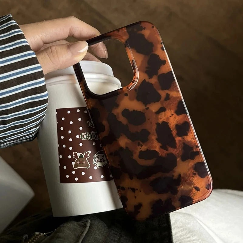 Tortoise Shell Glossy Phone Case – Retro Brown Marble Pattern, Protective Soft Cover for iPhone 13 14 15 16 Pro Max