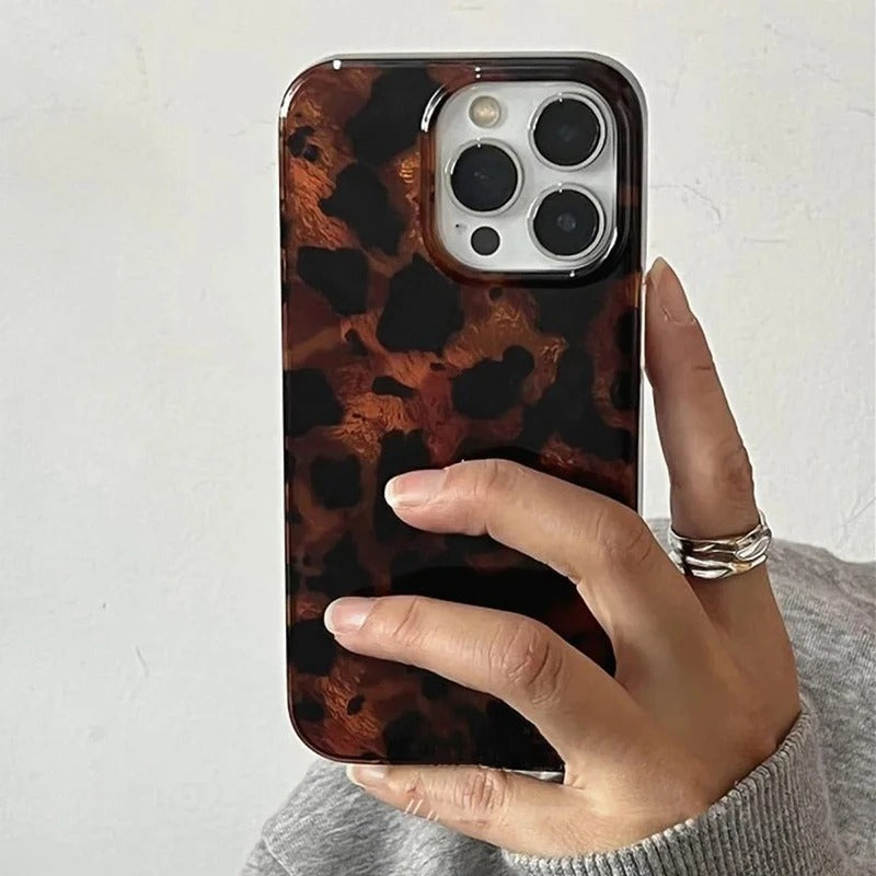 Tortoise Shell Glossy Phone Case – Retro Brown Marble Pattern, Protective Soft Cover for iPhone 13 14 15 16 Pro Max