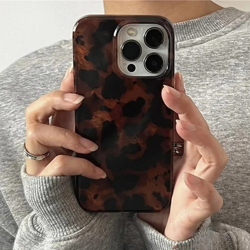 Tortoise Shell Glossy Phone Case – Retro Brown Marble Pattern, Protective Soft Cover for iPhone 13 14 15 16 Pro Max