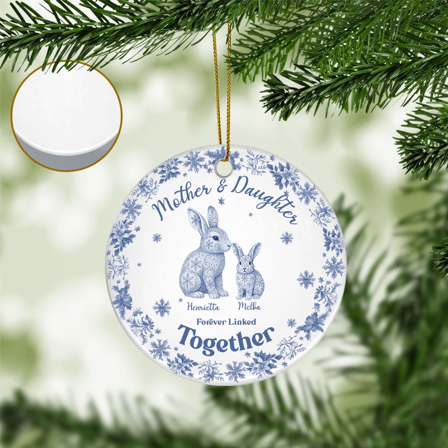 Custom Rabbit Toile de Jouy Ceramic Ornament – Personalized Circle Ceramic Gift for Mom & Daughter/Son, Forever Linked Together