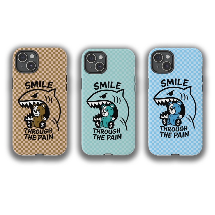 Smile Through the Pain Shark Bear Phone Case – Cool Cartoon Design for iPhone 11 12 13 14 15 16 Pro Max & Samsung Galaxy S20 S21 S22 S23 S24 Ultra