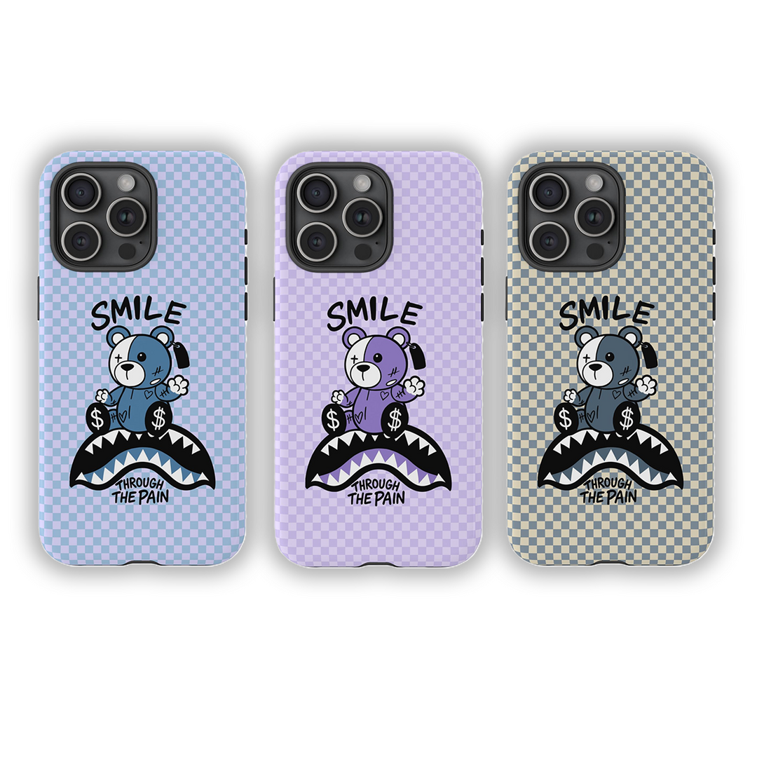 🧸 Smile Bear Phone Case – Blueberry Blue, Lilac Purple & Retro Khaki – Soft Matte Finish