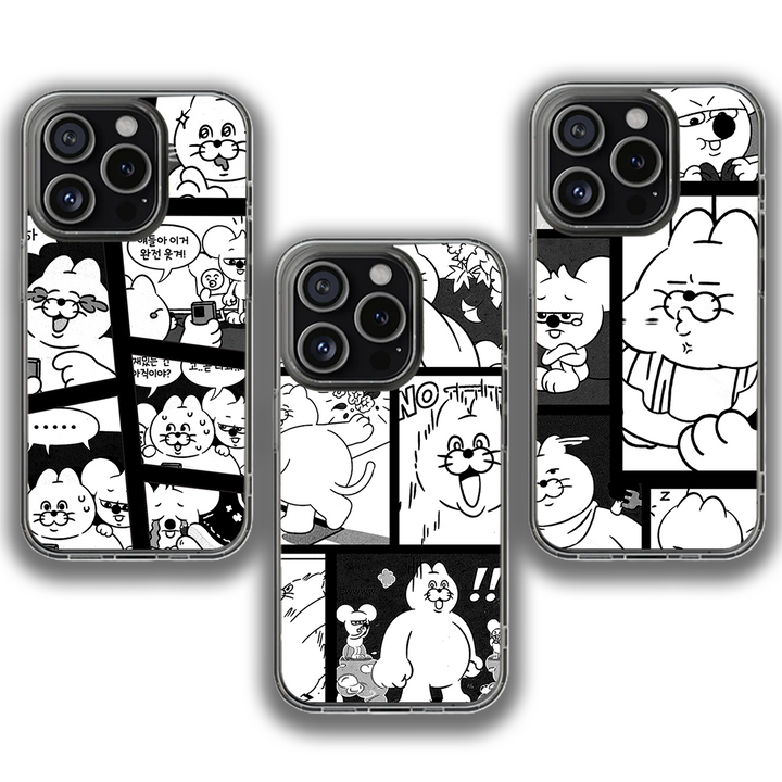 Cute Black and White Manga Comic Phone Case – Funny Cartoon Style for iPhone 11 12 13 14 15 16 Pro Max & Samsung