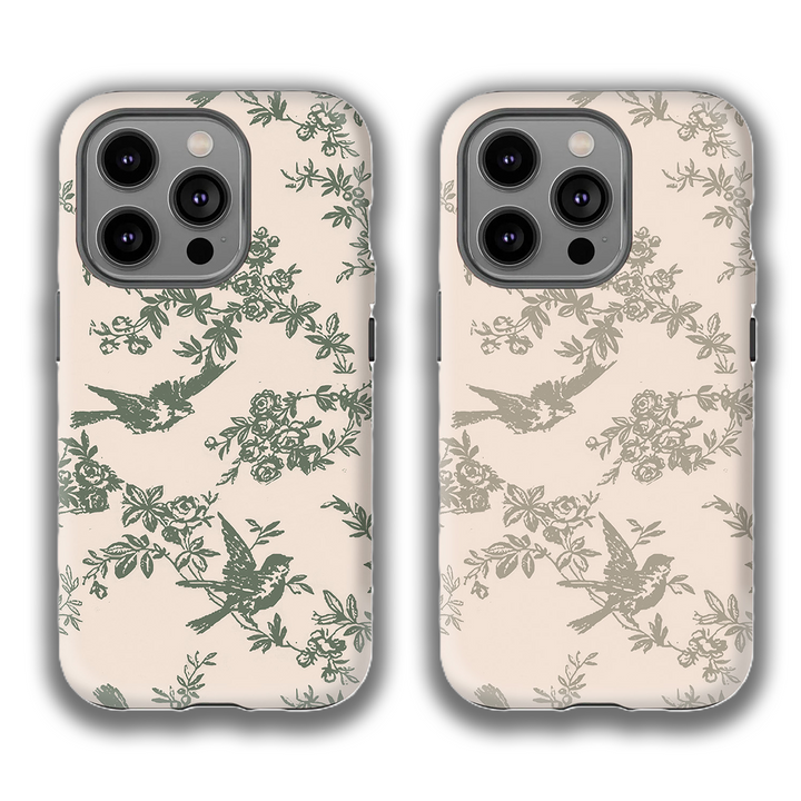 Vintage Bird & Floral Phone Case – Olive Green & Light Khaki