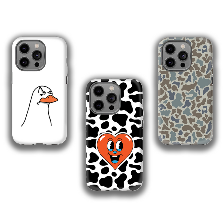 Quirky Character Phone Case Collection – Angry Duck, Cow Print Heart & Urban Camo