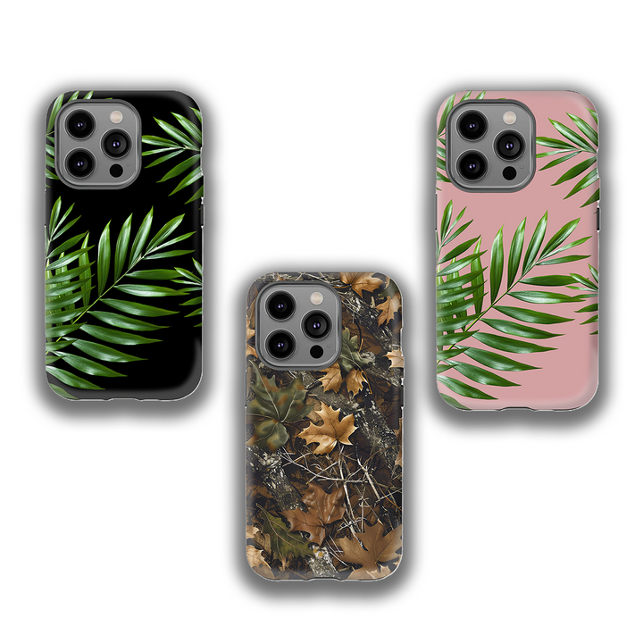 Tropical Palm Leaf Phone Case Collection – Black & Blush Pink Backgrounds