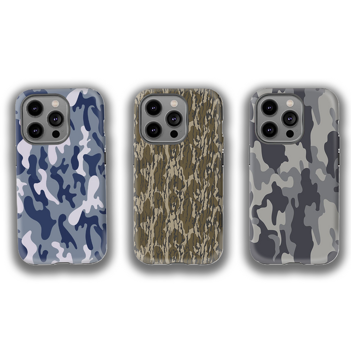 Camouflage Phone Case for iPhone 11–16, Samsung Galaxy S21–S24, Z Flip/Fold – Blue & Gray Camo Styles