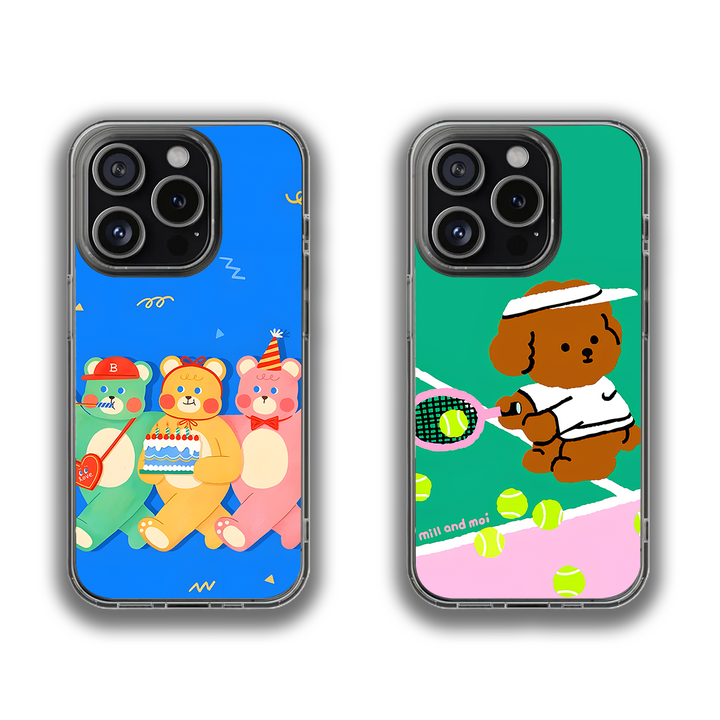 Cartoon Bear Birthday & Tennis Puppy Phone Case – Cute Animal Design for iPhone 11 12 13 14 15 16 Pro Max & Samsung