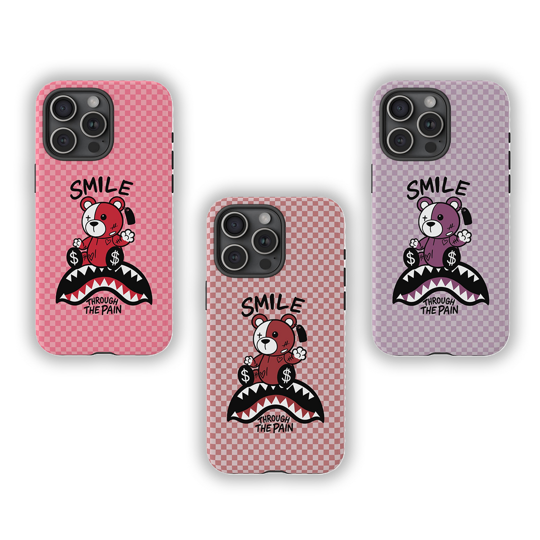 Smile Through The Pain Bear Case – Available in Cherry Red, Dusty Pink & Grape Purple | Checkered Soft Matte Finish