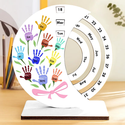 Wooden Forever Round Calendar – Personalized Custom Handprint Family Names Desk Decor