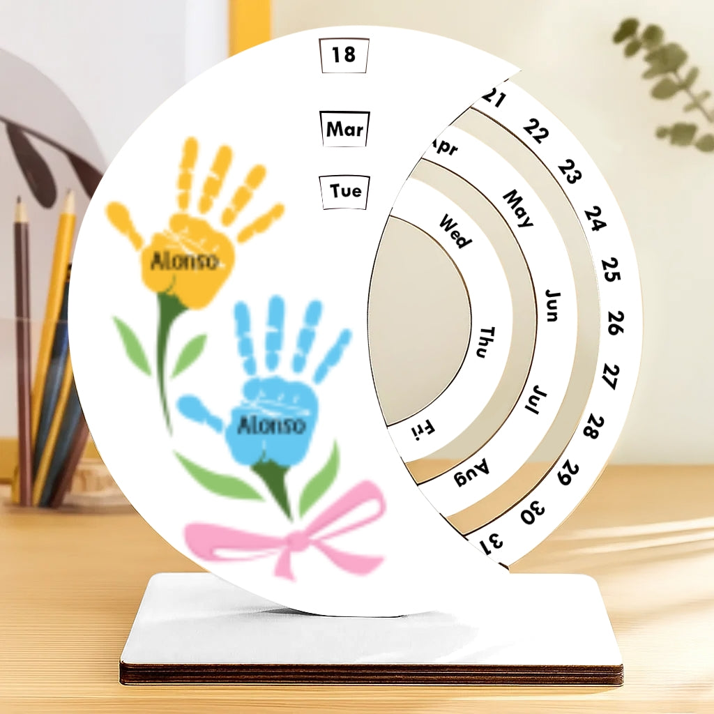 Wooden Forever Round Calendar – Personalized Custom Handprint Family Names Desk Decor
