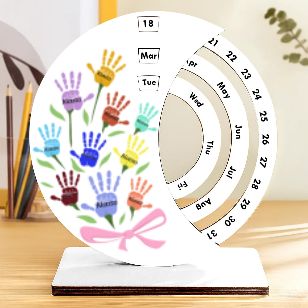 Wooden Forever Round Calendar – Personalized Custom Handprint Family Names Desk Decor