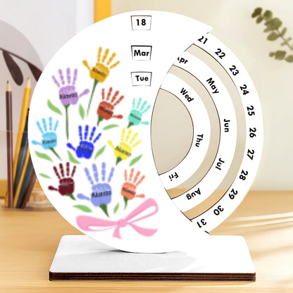 Wooden Forever Round Calendar – Personalized Custom Handprint Family Names Desk Decor