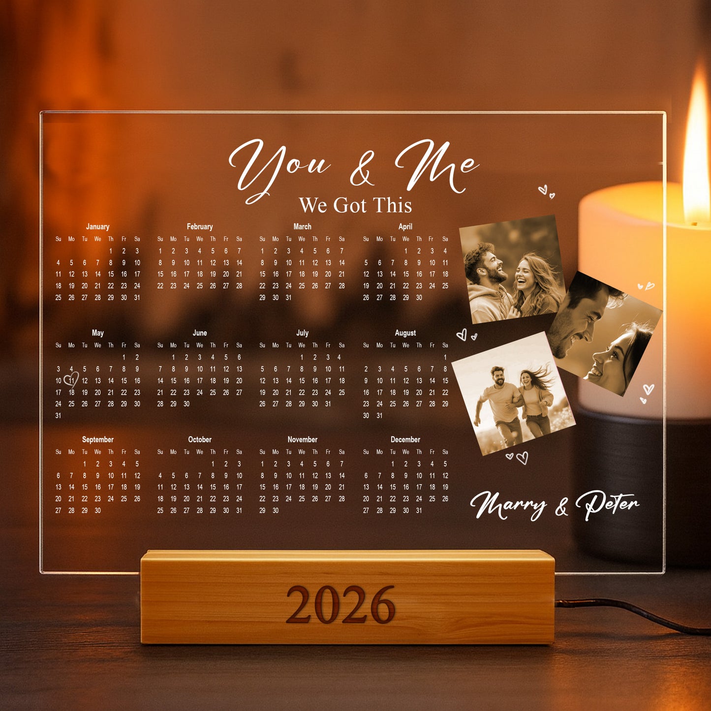 Custom LED Acrylic Calendar Lamp 2026 – “I Love You” Couple Version – Personalized Anniversary Gift with Photos & Names