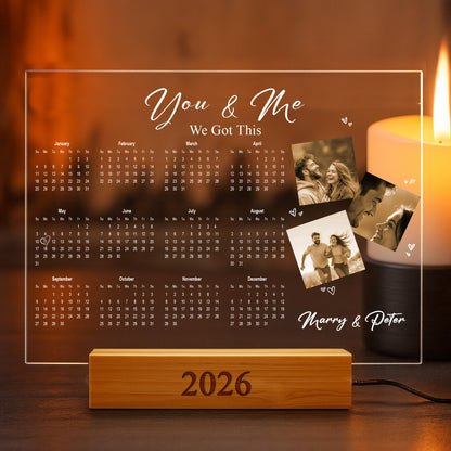 Custom LED Acrylic Calendar Lamp 2026 – “I Love You” Couple Version – Personalized Anniversary Gift with Photos & Names
