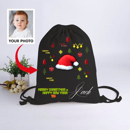 Custom Christmas Drawstring Gift Bag – Personalized with Photo & Name