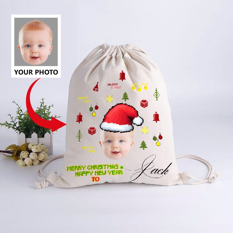 Custom Christmas Drawstring Gift Bag – Personalized with Photo & Name