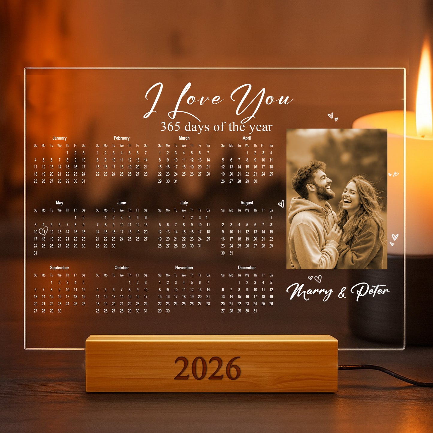 Custom LED Acrylic Calendar Lamp 2026 – “I Love You” Couple Version – Personalized Anniversary Gift with Photos & Names