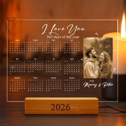 Custom LED Acrylic Calendar Lamp 2026 – “I Love You” Couple Version – Personalized Anniversary Gift with Photos & Names