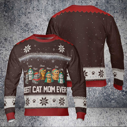 Custom Cat Mom Christmas Sweater – “Best Cat Mom Ever” - Personalized Cat Images, Names & Colors , Cozy Holiday Knit Pullover