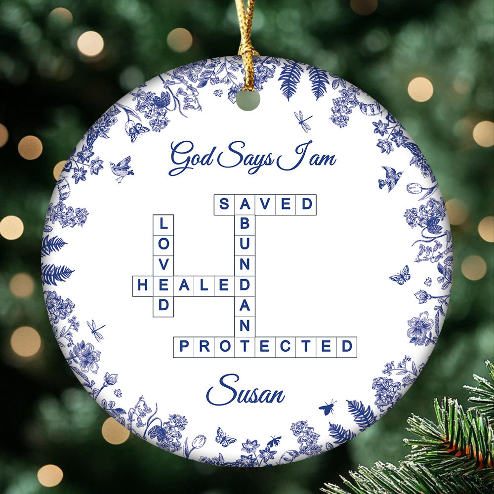 Custom “God Says I Am” Ceramic Ornament – Christian Crossword Design – Personalized Faith Gift for Women, Friends, and Family