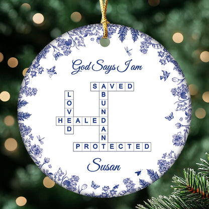 Custom “God Says I Am” Ceramic Ornament – Christian Crossword Design – Personalized Faith Gift for Women, Friends, and Family