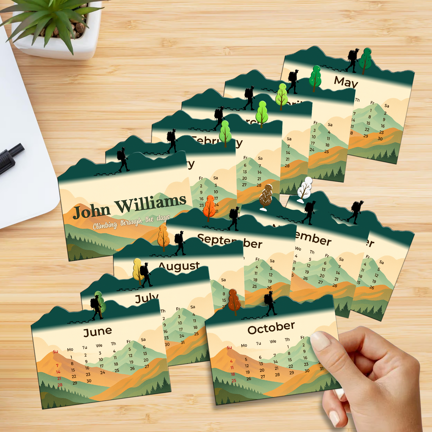 Custom Name Calendar 2026 with Wooden Stand – Personalized Adventure Desk Calendar - Climbing Through The Days