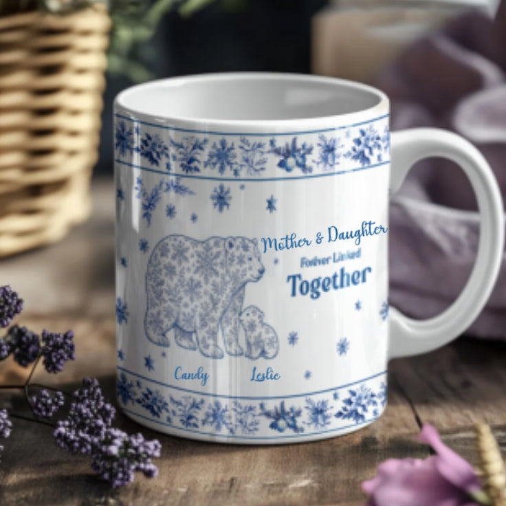 Custom Mother & Daughter / Mother & Son Mug – “Forever Linked Together”  Personalized Names , Toile de Jouy Snowflake Bear Design
