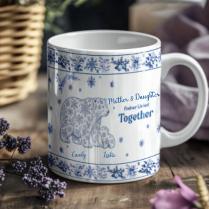 Custom Mother & Daughter / Mother & Son Mug – “Forever Linked Together”  Personalized Names , Toile de Jouy Snowflake Bear Design
