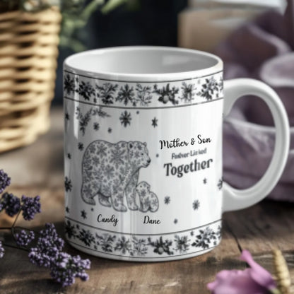 Custom Mother & Daughter / Mother & Son Mug – “Forever Linked Together”  Personalized Names , Toile de Jouy Snowflake Bear Design